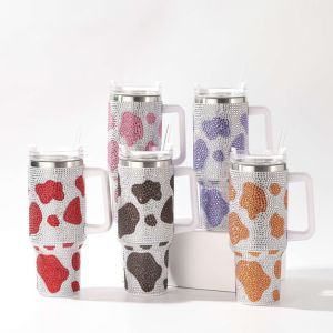 Cow patterned 40oz diamond studded car cup, thickened stainless steel insulated cup, double-layer handle, ice cream cup, straw cup