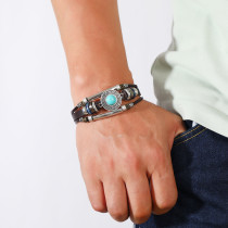 Vintage multi-color cat eye natural stone stainless steel leather bracelet