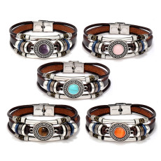 Vintage multi-color cat eye natural stone stainless steel leather bracelet
