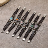 Vintage multi-color cat eye natural stone stainless steel leather bracelet