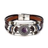 Vintage multi-color cat eye natural stone stainless steel leather bracelet