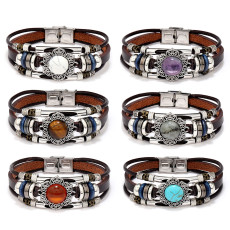 Vintage Yoga multi-color cat eye natural stone stainless steel leather bracelet