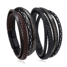 22cm Punk style metal chain retro multi-layer woven leather bracelet men's leather bracelet