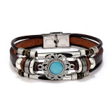 Vintage multi-color cat eye natural stone stainless steel leather bracelet