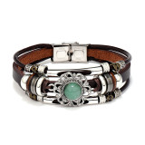 Vintage multi-color cat eye natural stone stainless steel leather bracelet