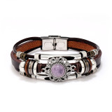 Vintage multi-color cat eye natural stone stainless steel leather bracelet