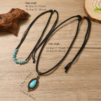 Vintage turquoise leaf pendant collarbone chain bead necklace
