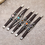 Vintage multi-color cat eye natural stone stainless steel leather bracelet