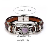 Vintage multi-color cat eye natural stone stainless steel leather bracelet