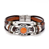Vintage multi-color cat eye natural stone stainless steel leather bracelet