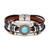 Vintage multi-color cat eye natural stone stainless steel leather bracelet