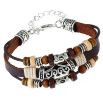 Handmade beaded cowhide bracelet, vintage alloy couple leather bracelet