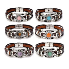 Vintage multi-color cat eye natural stone stainless steel leather bracelet