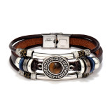 Vintage multi-color cat eye natural stone stainless steel leather bracelet