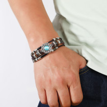 Vintage multi-color cat eye natural stone stainless steel leather bracelet