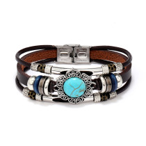 Vintage Yoga multi-color cat eye natural stone stainless steel leather bracelet