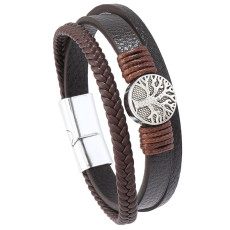 Handmade Men's Leather Bracelet with Life Tree Magnetic Buckle