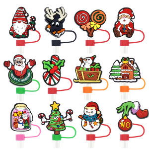 Hot selling Christmas series PVC soft rubber 10MM straw cap dustproof decoration cartoon straw plug