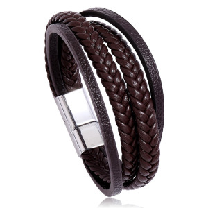 Multi layer woven men's leather bracelet, European and American new magnetic buckle imitation cowhide bracelet