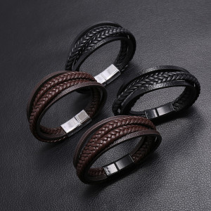 Multi layer woven men's leather bracelet, European and American new magnetic buckle imitation cowhide bracelet