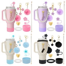 Stanley Cup Accessories Set Pearl Chain Handheld Rope Haitang Flower Straw Cap Silicone Cup Set Hair Ball Pendant