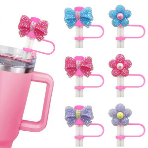 Diamond inlaid flower straw cap cup bow straw protective cover dustproof 10mm anti fouling