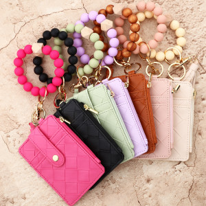 Silicone bead bracelet checkered card bag PU leather women's wallet