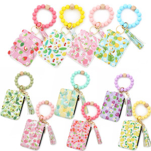 New silicone bead bracelet, women's keychain, multi-layer printed card bag, coin purse