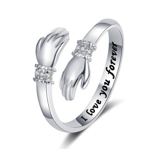 Embrace of love, hands set with diamond rings, women's style, engraved with adjustable openings, gift