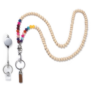 Colored stone and wood beads, lanyard necklace, mobile phone key, work card, easy to pull buckle, lanyard necklace