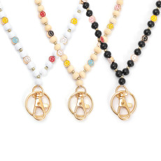 Smile Face Wooden Bead Beaded Lanyard Necklace for Phone, Keys, ID Badges, and Keychain Straps