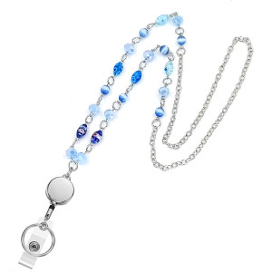 Ocean Blue String Glass Bead Sweater Chain Lanyard Neck Badge Key Necklace