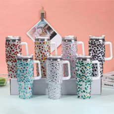 40oz stainless steel insulated cup with diamond inlay, large capacity outdoor portable,  car cup