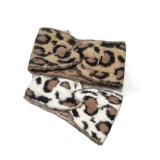 Leopard print cross headband with yarn, wide edge headband, knitted headband