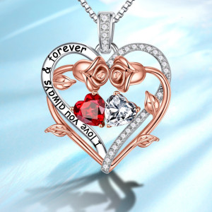 Valentine's Day S925 sterling silver rose necklace with twelve birthstones pendant