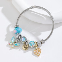 Stainless steel open bracelet butterfly crystal heart-shaped bead adjustable DIY bracelet