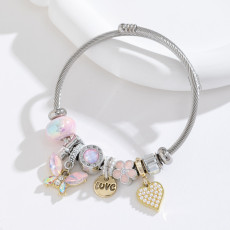 Stainless steel open bracelet butterfly crystal heart-shaped bead adjustable DIY bracelet