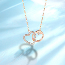 Double heart interlocking necklace for women, 925 sterling silver rose gold heart chain