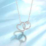 Double heart interlocking necklace for women, 925 sterling silver rose gold heart chain