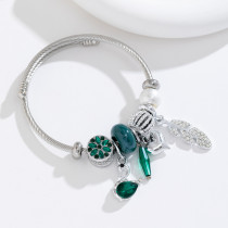 Opening Bracelet Women's Stainless Steel Beaded Crystal Pearl Goose Leaf Pendant Bracelet