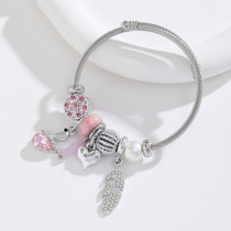 Opening Bracelet Women's Stainless Steel Beaded Crystal Pearl Goose Leaf Pendant Bracelet