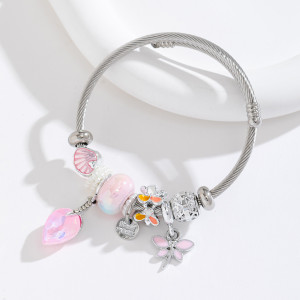 Stainless steel wire bracelet DIY bead crystal dragonfly pendant with adjustable opening