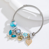 Stainless steel open bracelet butterfly crystal heart-shaped bead adjustable DIY bracelet