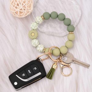 Daisy silicone bracelet with leopard print silicone beads and tassel keychain to prevent loss, bracelet keychain