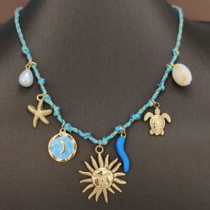 Summer starfish pearl heart turtle sun pendant necklace dopamine stainless steel collarbone chain