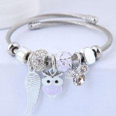 Stainless Steel Bracelet DIY Beaded Owl Angel Wing Pendant Open Bracelet