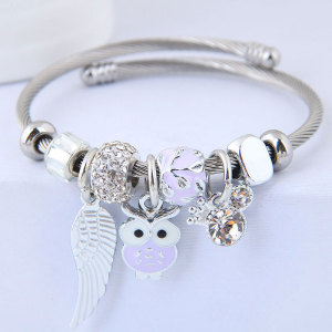 Stainless Steel Bracelet DIY Beaded Owl Angel Wing Pendant Open Bracelet
