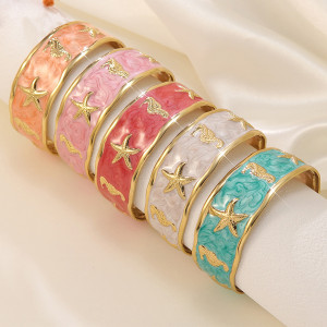 Sea Star Seahorse Drip Oil Bracelet Resort Style Stainless Steel Open Bracelet
