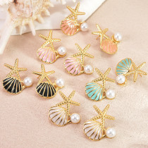 Stainless steel starfish shell pearl earrings for women's beach, ocean breeze, oil droplets earrings