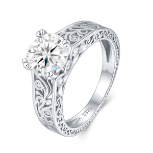2-carat vintage hollowed out pattern 925 sterling silver moissanite ring